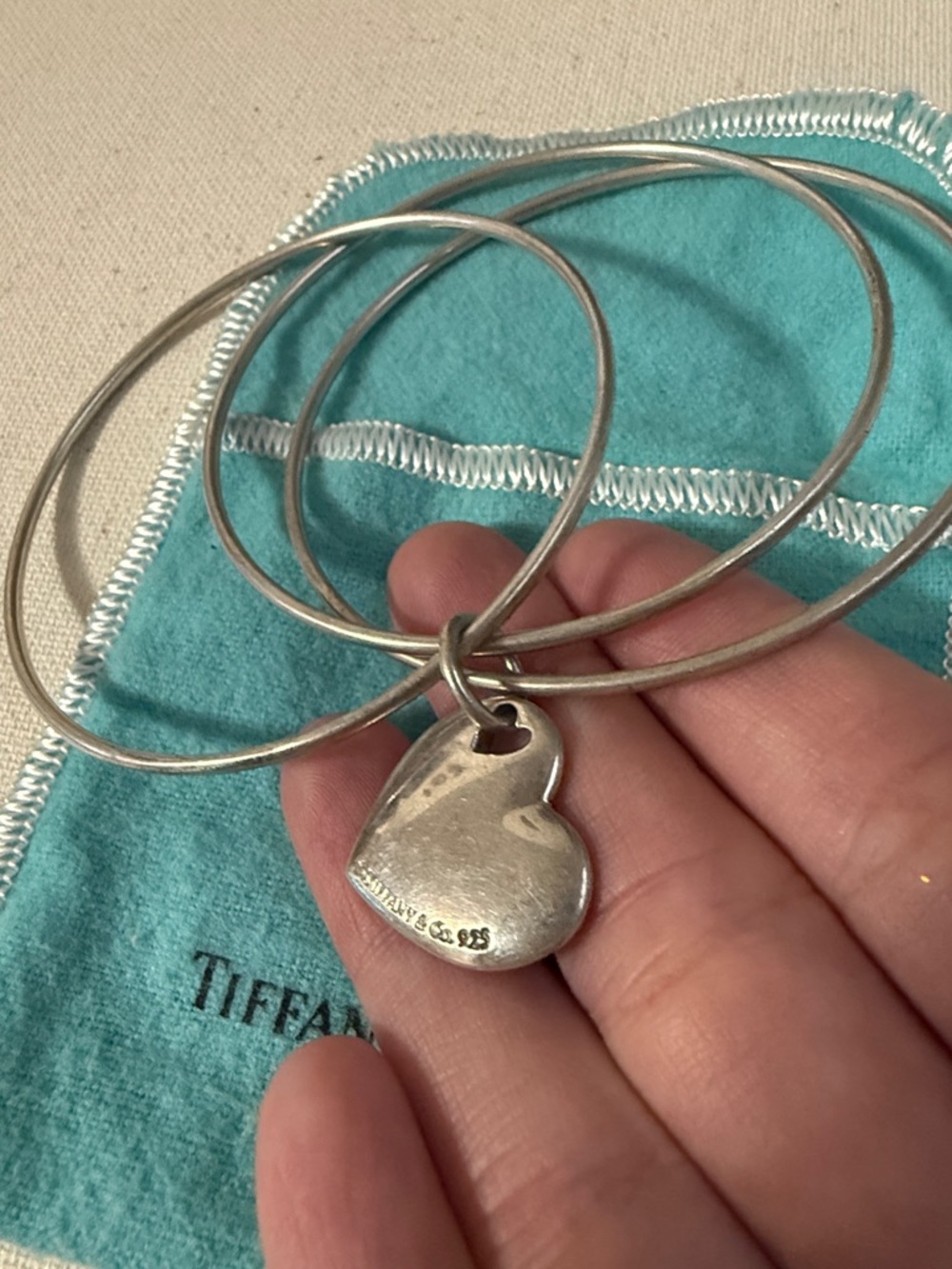 Tiffany & Co. Sterling Silver 925 Three Bangle Bracelet W/Heart Charm W/Pouch - Picture 3 of 16